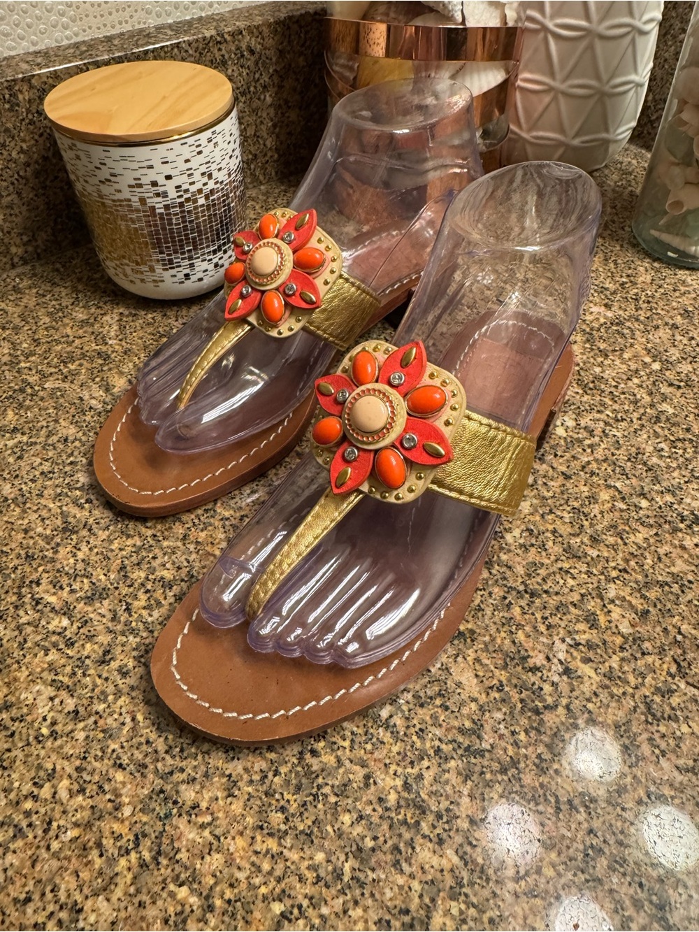 Tory Burch Gold and Orange Embellished Women’s Thong Sandals Size 5